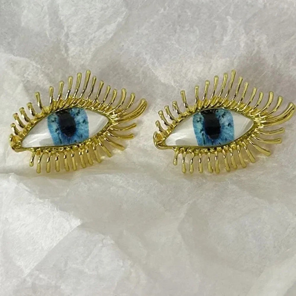 Anthropologie Gaze Blue Eyes Gold Abstract Protection Magic Earrings - Picture 6 of 9